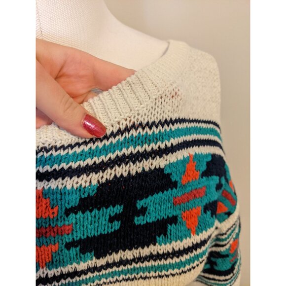 Womens American Eagle White Aztec Knit Top Western Boho Sweater 1/2 Sleeve M - Picture 3 of 8